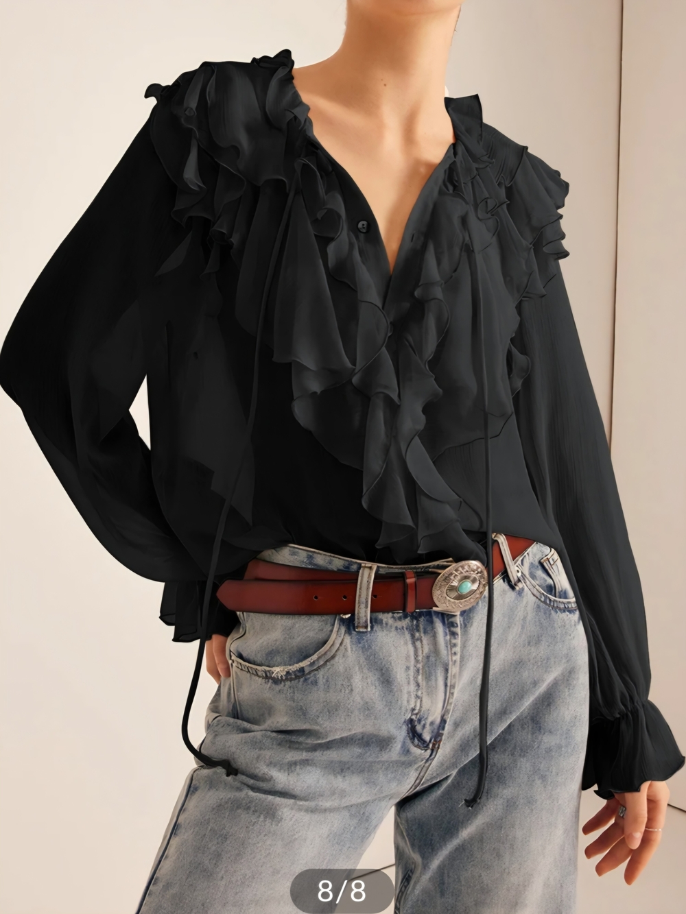Semi-Sheer Ruffle Chiffon Breasted Blouse